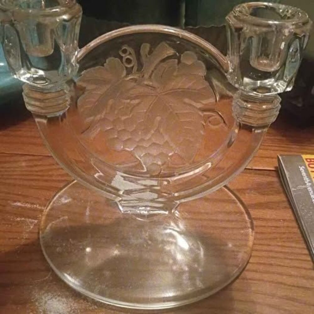 Vintage Indiana glass Clear Glass Double Candle Holder with Frosted Grape Design